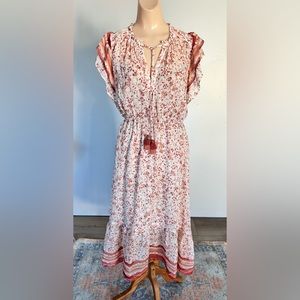 🌶️ LOVESTITCH BURNT ORANGE/WHITE/GOLD METALLIC FLORAL PRINT DRESS. SIZE S